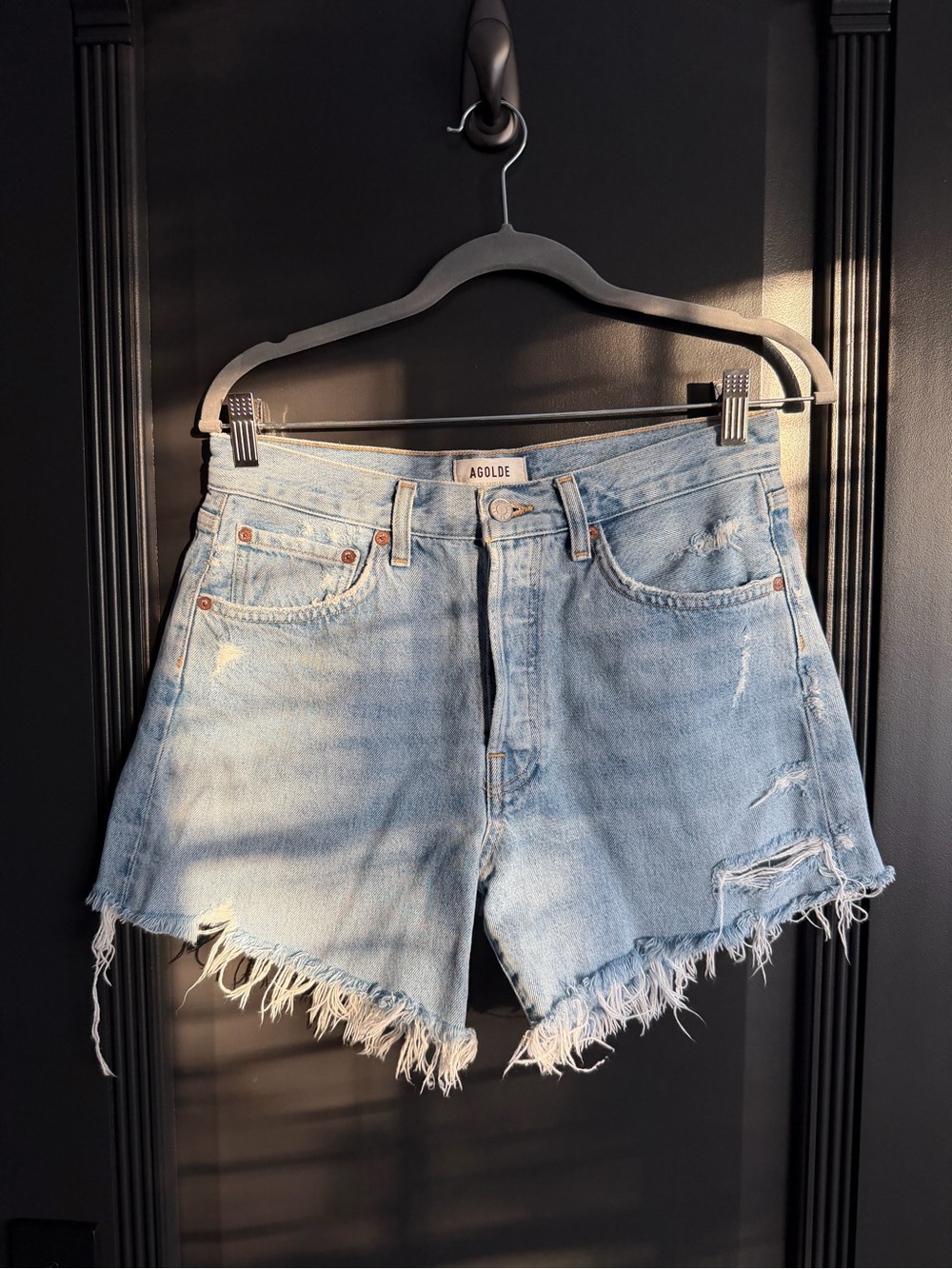 Agolde Light Blue Distressed High-Rise Denim Shorts